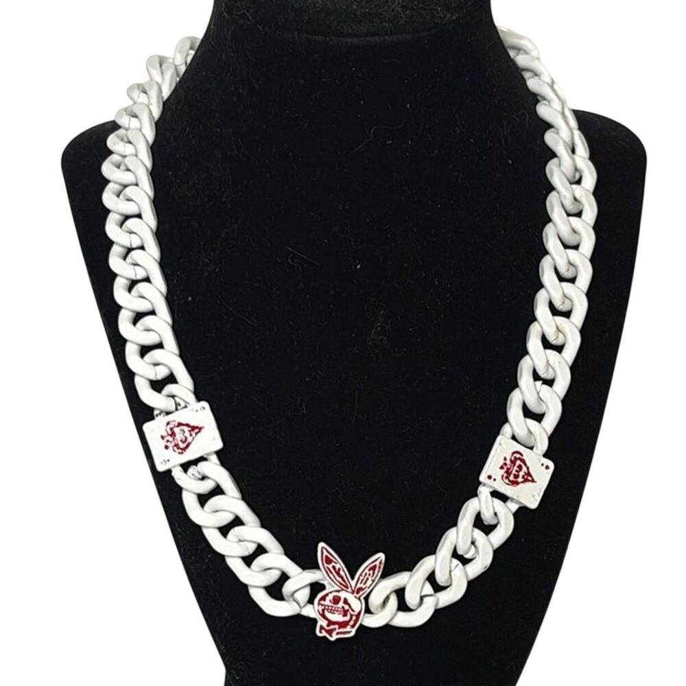 Y2K White Chain Necklace Red Skull Bunny Charm Chunky Acrylic 20” Goth Emo